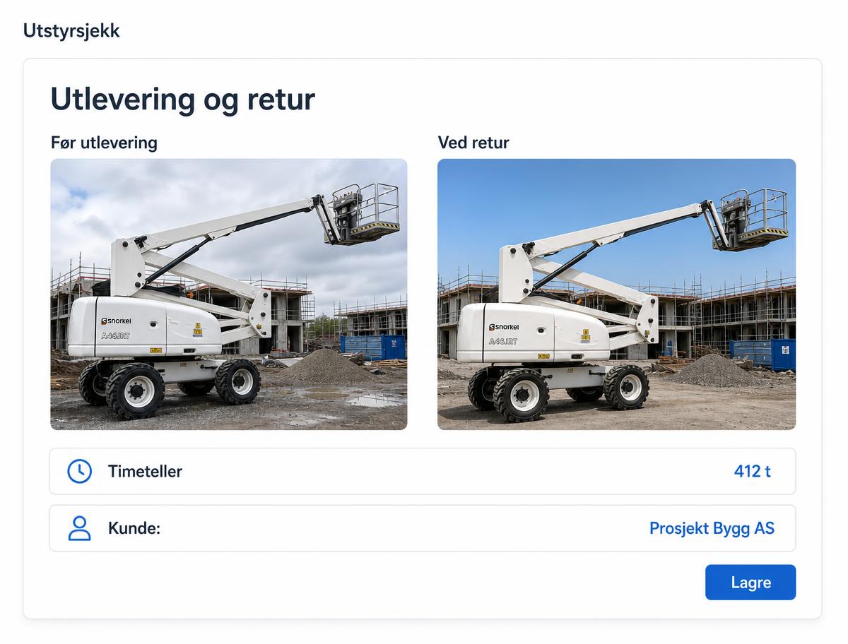 Skjermbilde som viser bilder av en lift før utlevering og ved retur